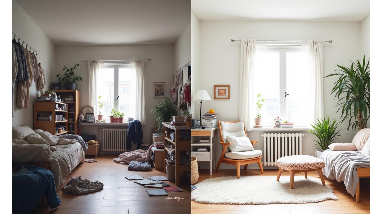 미니멀리즘 적용 전후의 깔끔하고 정돈된 방과 복잡한 방의 대조